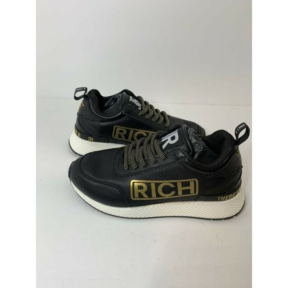 Rich patent black women’s 5.5 - 36 black/gold leather logo John Richards sneaker - Picture 1 of 11